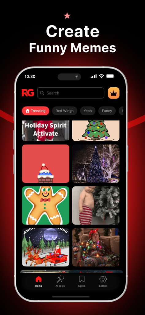 Red gifs: make it meme - Red gifsアプリのホーム画面。トレンドのホリデーミームとGIFのグリッドが表示されています。