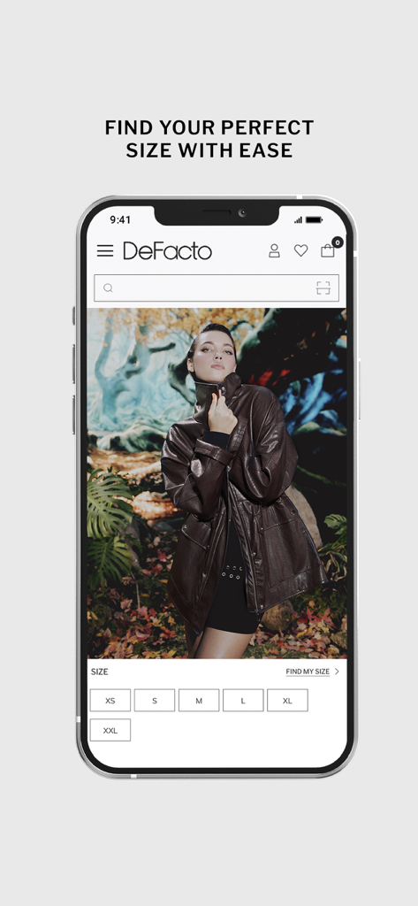DeFacto - Clothing & Shopping - DeFacto shopping app interface showing a leather jacket with size selection buttons from XS to XXL