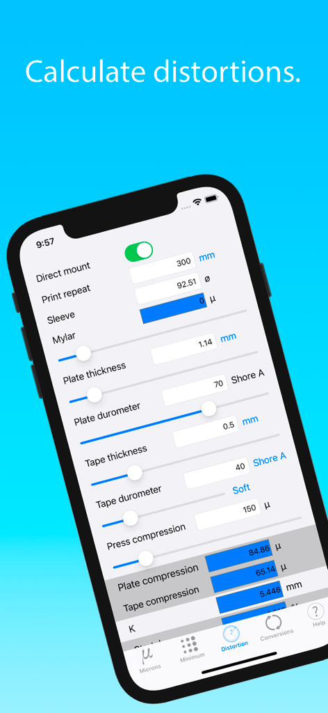 FlexoCalculator app interface on an iPhone showing technical parameters for calculating plate and tape distortions in flexographic printing.