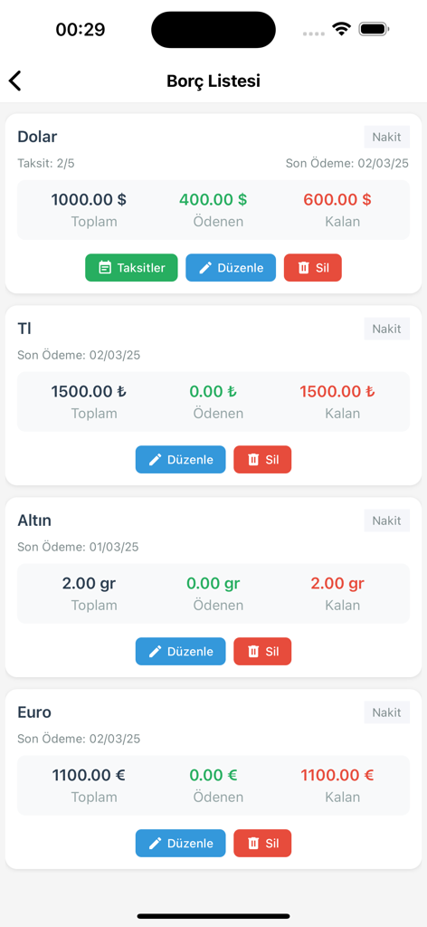 Borç Takipアプリの負債リスト画面。ドル、リラ、金、ユーロの残高が表示されます。