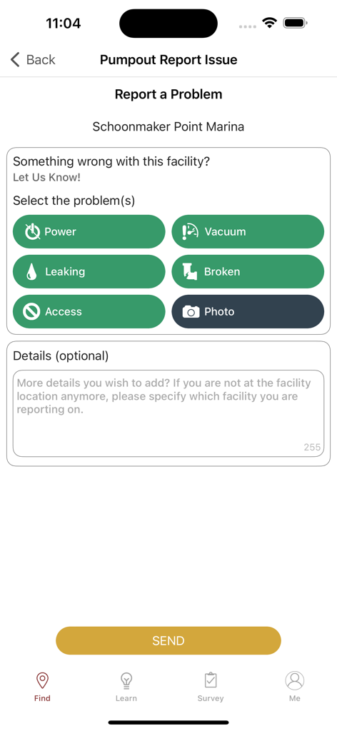 Pumpout Nav - Pumpout Nav app screen to report a problem at a marina pumpout facility