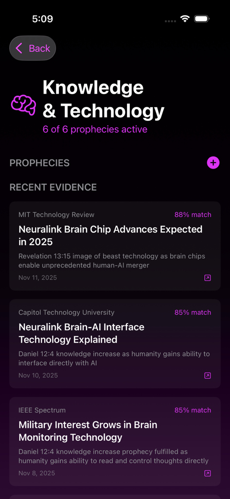 La aplicación RaptureX muestra eventos actuales en la categoría de Conocimiento y Tecnología relacionados con la profecía bíblica.