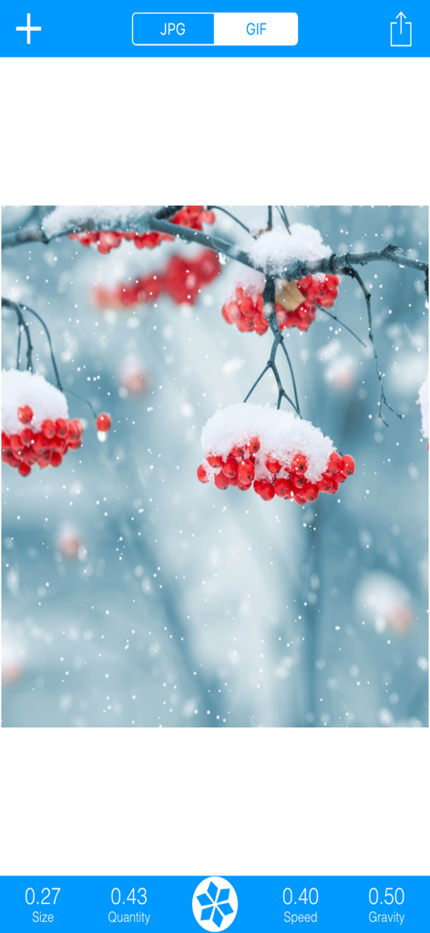Snowing: GIF&JPG - Mobile app interface showing a photo of red berries with an added falling snow effect and editing sliders.