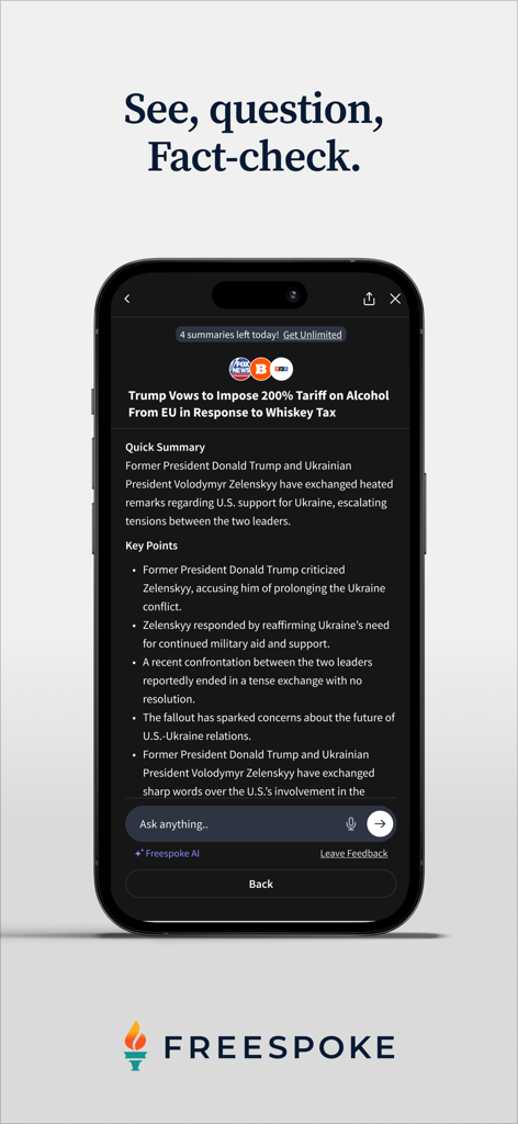 Freespoke - Search & Discovery - Freespoke mobile app interface displaying an AI-generated news summary with key points for fact-checking.