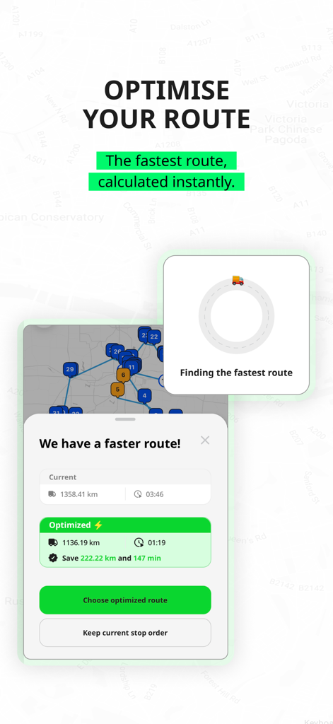 Geo2 Delivery Route Planner - Interface of Geo2 showing a faster optimized route with significant time and distance savings