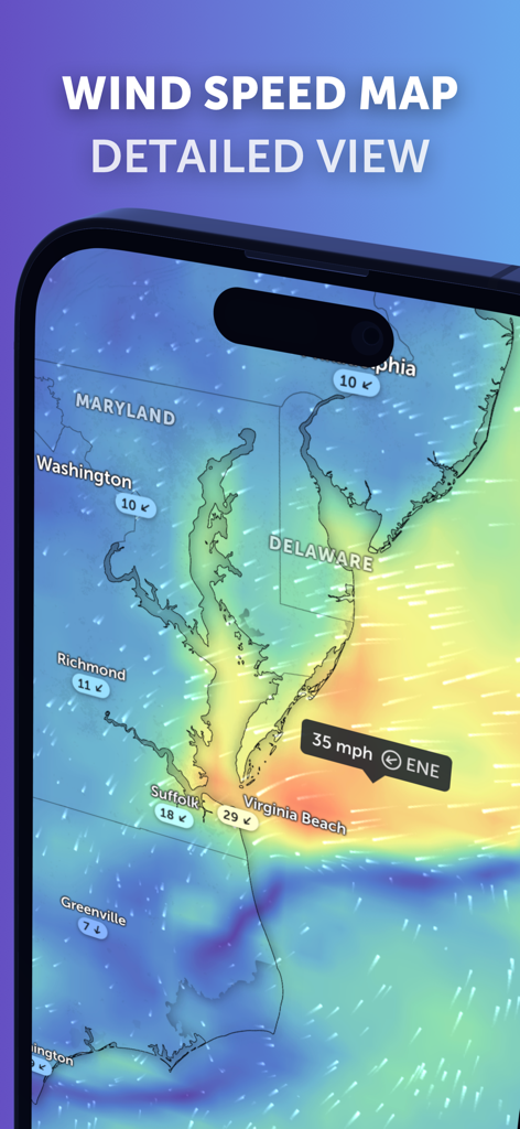 Zoom Earth - Weather Forecast - A detailed wind speed forecast map showing current conditions over Maryland and Virginia on the Zoom Earth mobile app interface.