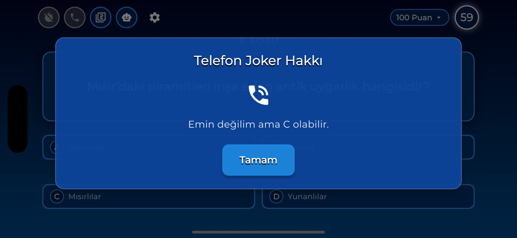 Bilgi Metre! - Un mensaje emergente que muestra la función de comodín de llamar a un amigo en el juego de trivia Bilgi Metre