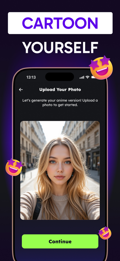 3D Cartoon Photo Editor-Toonme - Smartphone-Bildschirm, der den Upload-Foto-Schritt zur Erstellung eines Cartoon-Avatars mit der Toonme-App zeigt