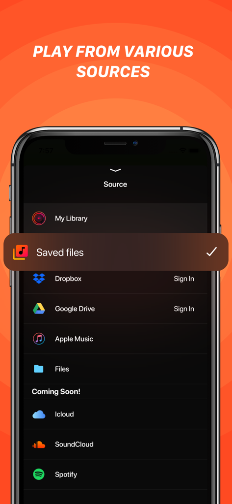 Volume Bass Booster-Equalizer+ - Interface of Volume Bass Booster app showing music source options including local files and cloud storage like Dropbox and Google Drive