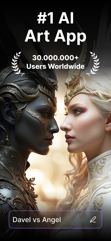 Imagine - AI Art Generator - Interface of Imagine AI Art Generator showing fantasy artwork of an angel and a dark character facing each other