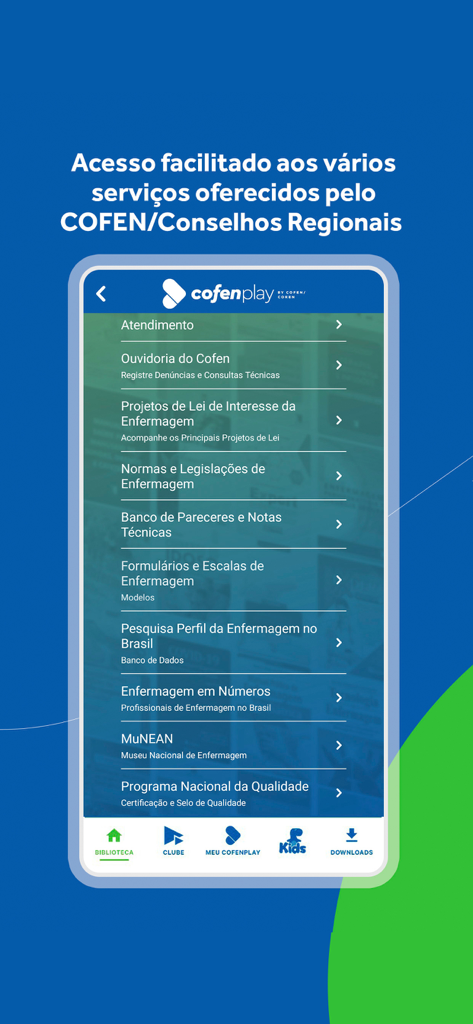 Cofenplay+ - Mobile app screen showing a menu of nursing regulatory services and professional resources
