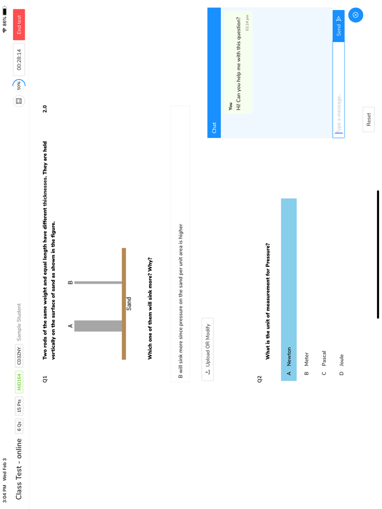 AssessPrep iPad 앱 인터페이스 (객관식 문제 및 학생 채팅 지원이 포함된 온라인 물리학 시험 표시)