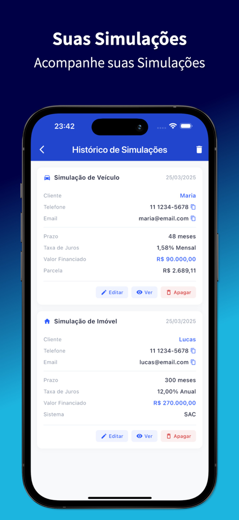 Uno smartphone che mostra la cronologia delle simulazioni di finanziamento veicoli e immobili all'interno dell'app Simular Financiamento.