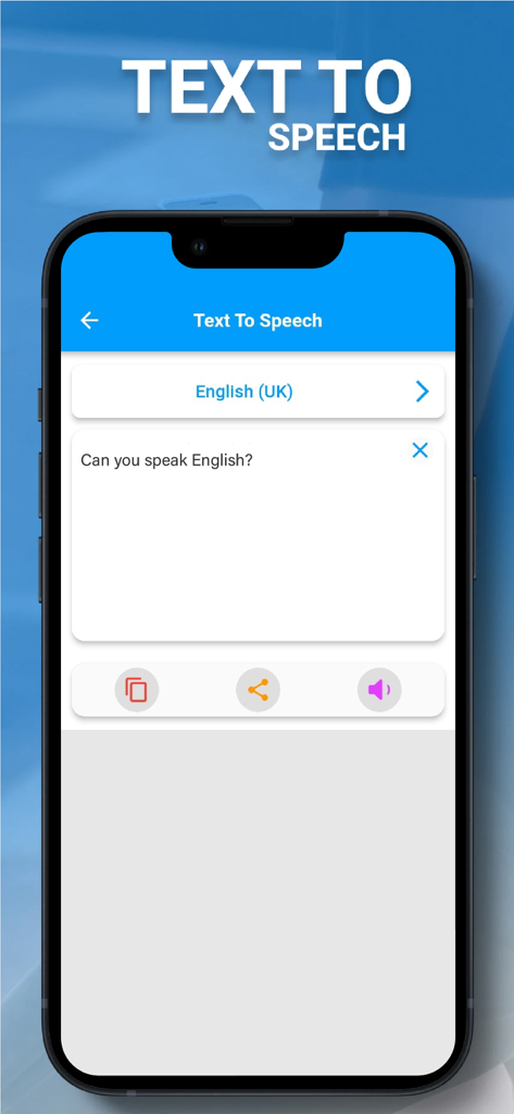 Speak and Translate Languages - Captura de pantalla de la aplicación Speak and Translate Languages que muestra la interfaz de conversión de texto a voz con selección de idioma inglés.