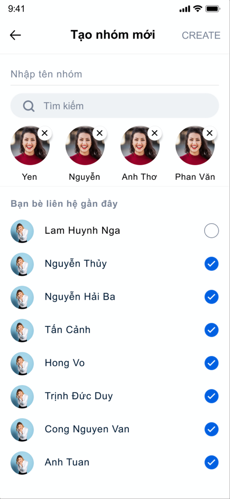 Pantalla de la aplicación Teaser Messenger para crear un nuevo grupo con selección de contactos y barra de búsqueda