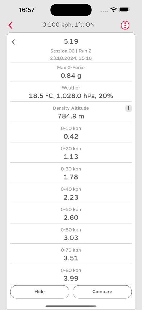 RaceBox - RaceBox app interface displaying detailed acceleration telemetry and split times for a performance car run.
