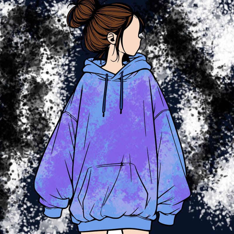 realistic girl with a oversized sweatshirt on and a bun