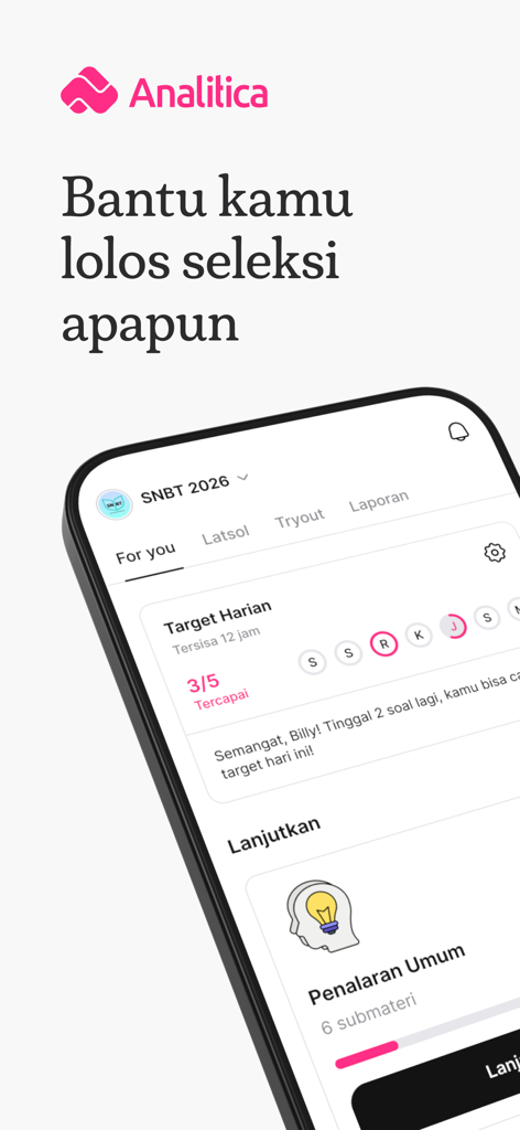 Analitica: Bantu Lolos Seleksi - Analitica mobile app dashboard showing daily study targets and exam preparation categories for Indonesian selection tests.