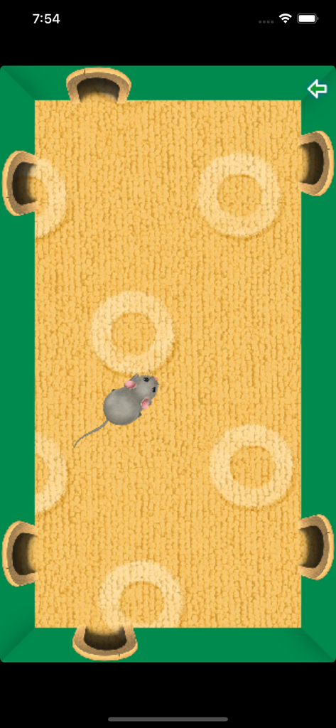 Play, Cat, Play - A digital grey mouse on a carpeted surface with mouse holes in the Play Cat Play mobile game.