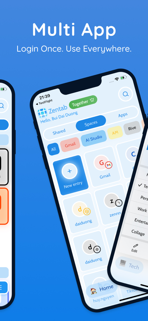Zentab - Clone App Multi Login - Interfaz de la aplicación Zentab mostrando un panel para gestionar inicios de sesión de múltiples cuentas y espacios de aplicaciones paralelos