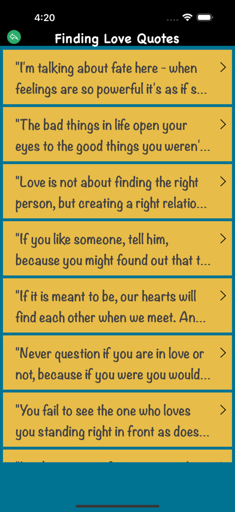 Motivational Quotes Love Quote - Uma lista de citações românticas e motivacionais sobre amor e relacionamentos dentro do aplicativo.