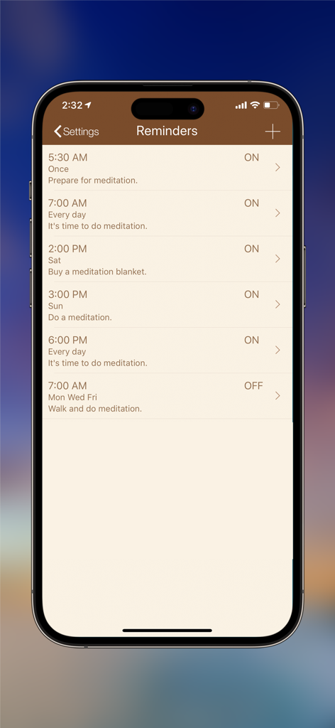 A list of scheduled meditation reminders with custom notes and times in a minimalist mobile app interface