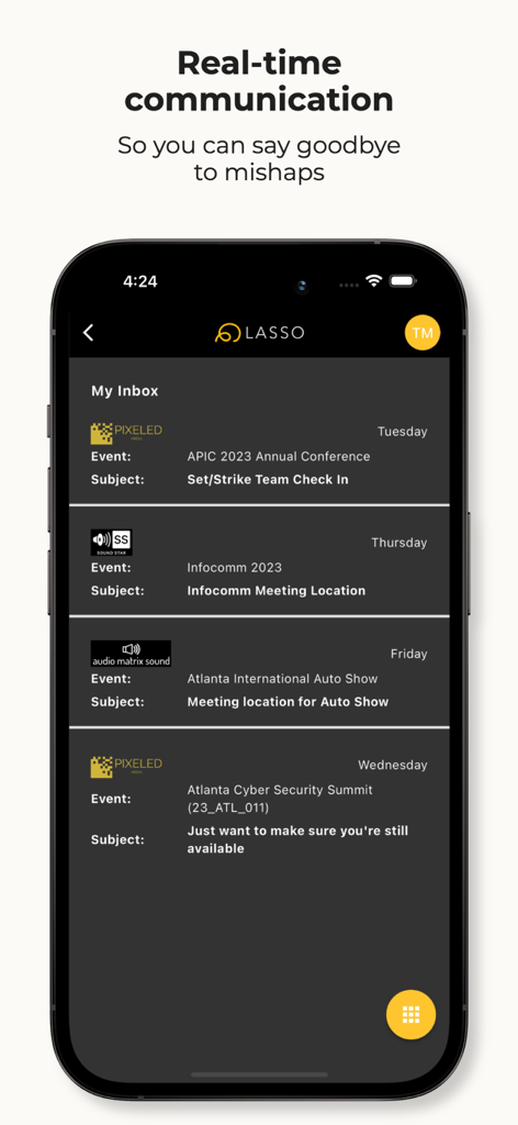 LASSO Mobile app inbox screen showing real-time communication and event messages for production crew in dark mode.