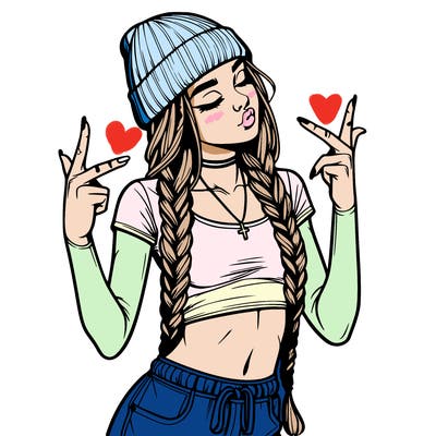 realistic teenage girl with braids and a beanie and crop top doing 🫶🏼