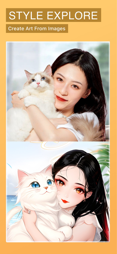 PicsHub-AI Art & Photo Edit - Comparison showing a real photo of a woman holding a cat and its AI generated anime version