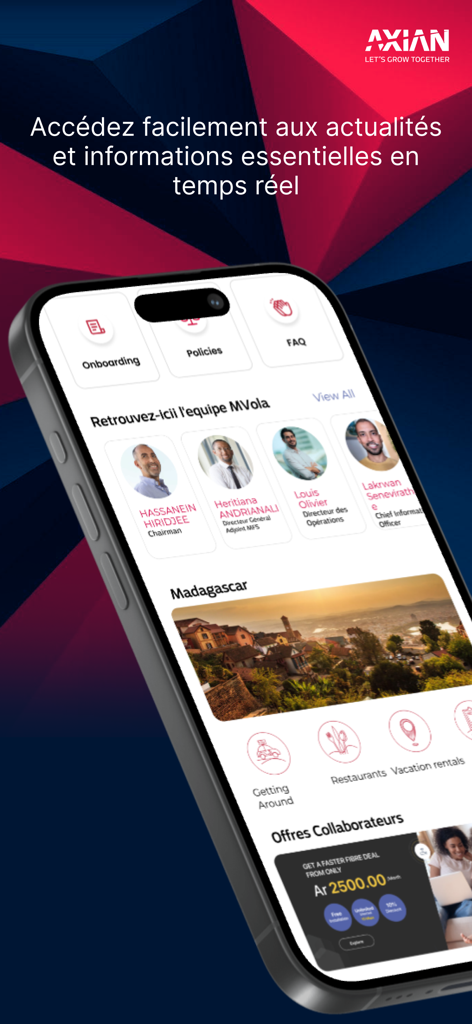 My AXIAN HR - Interface de l'application mobile My AXIAN HR affichant les informations des employés et les actualités de l'entreprise