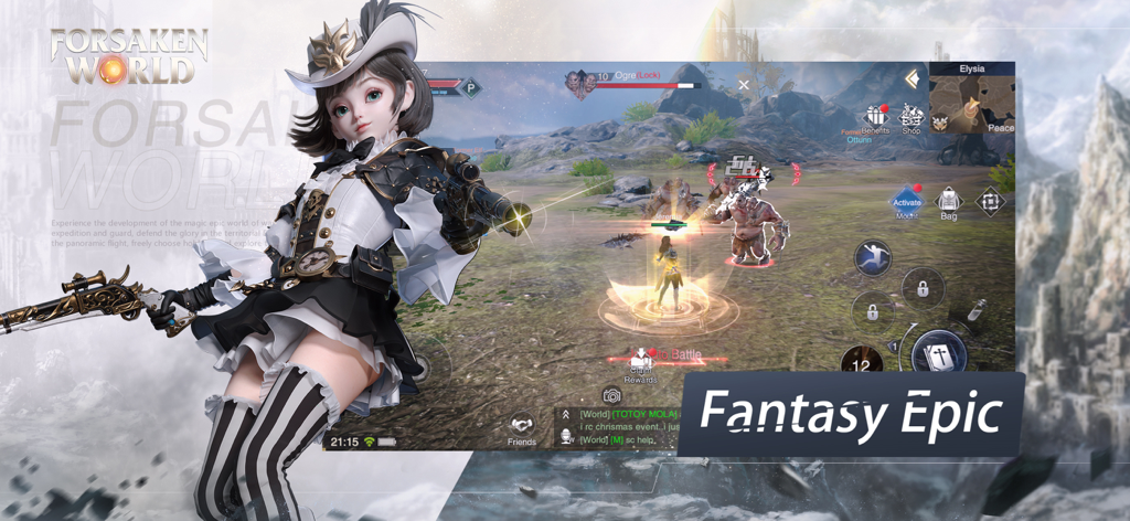 Forsaken World:Gods and Demons - Escena de juego llena de acción de Forsaken World con un personaje con pistolas dobles en un paisaje de fantasía.