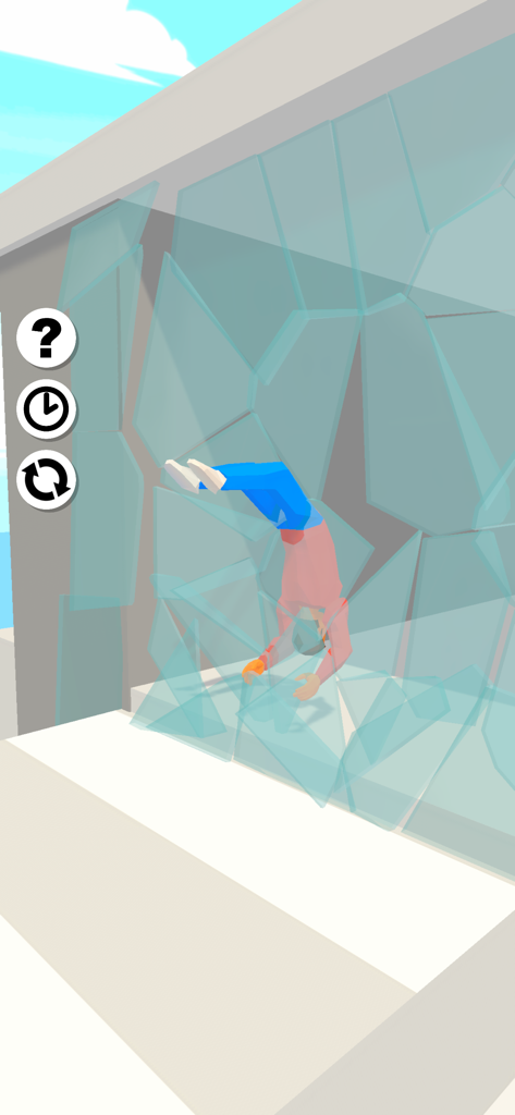 Backflip Master - Parkour Game - Um personagem ragdoll colidindo de cabeça através de uma parede de vidro no jogo de parkour Mestre do Backflip