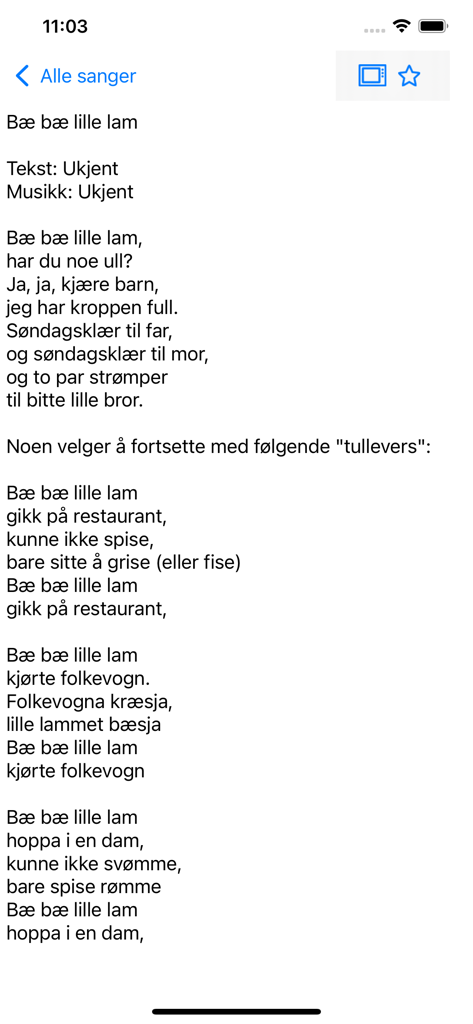 Sangboken - Lyrics for the Norwegian children's song Bae bae lille lam in the Sangboken app