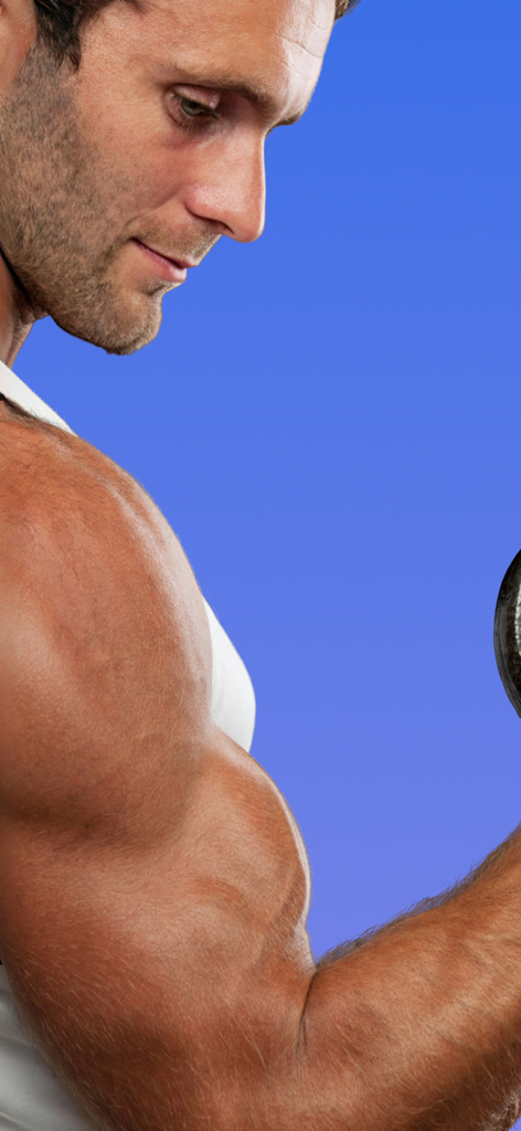 Fit.AI: ultra personal fitness - A fit man performing a bicep curl against a blue background