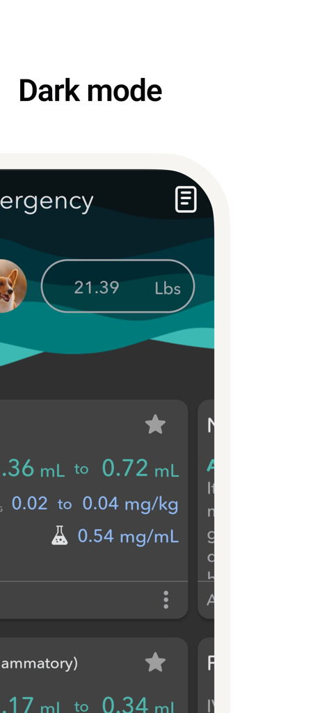 Vet Easy - Drugs & Calculators - Vet Easy app interface showing emergency drug dosage calculations in dark mode