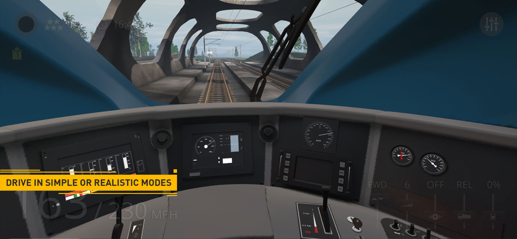 Interior view of a train cockpit in Trainz Simulator 3 showing the control panel and tracks ahead through the windshield
