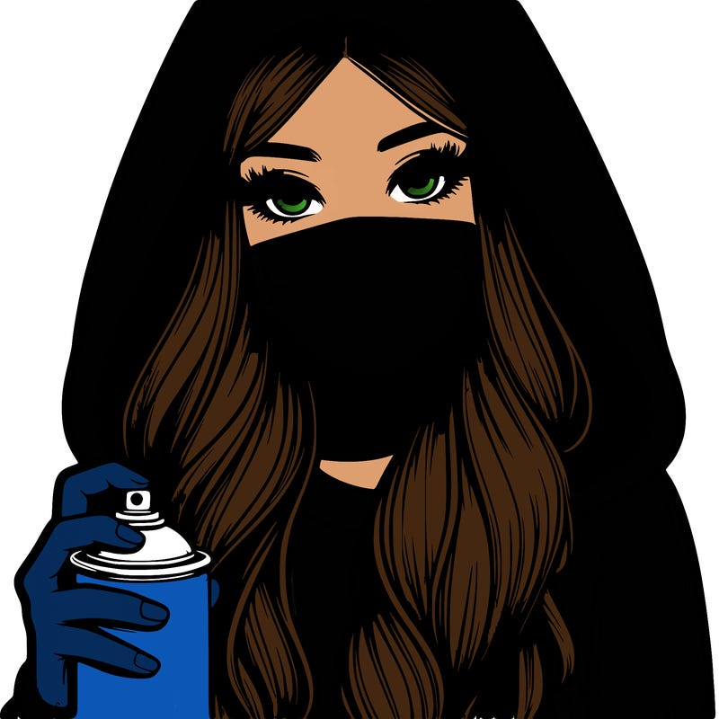 girl wearing a mask with long hair with her hood up spray-painting realistic