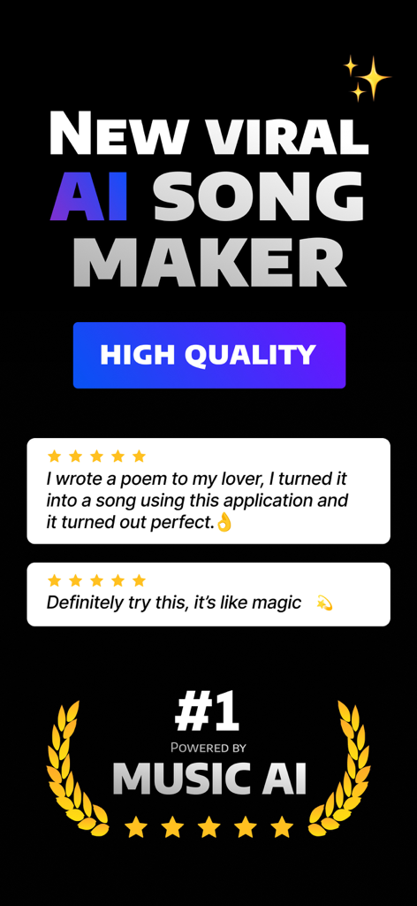 Pantalla promocional de Suna AI Song Maker con reseñas positivas de usuarios y afirmaciones de producción musical de alta calidad
