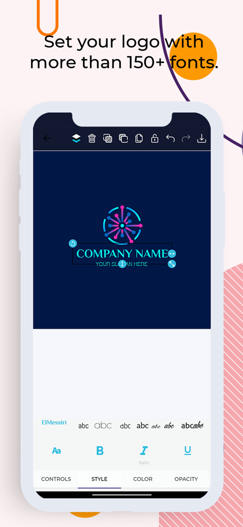 Logo Creator - Logo Maker - Una pantalla de smartphone que muestra la herramienta de selección de fuentes en la aplicación Logo Creator con un logo de empresa personalizado en edición.