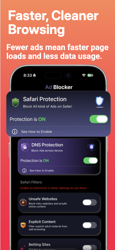 iPhoneのスクリーンショットに、SafariとDNS保護機能が有効になっているAdBlocker For All Browserアプリのインターフェースが表示されている