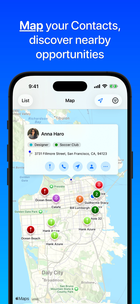 Contacts Journal CRM - Vista de mapa en Contacts Journal CRM mostrando ubicaciones de contactos con pines codificados por colores y una tarjeta de perfil de contacto para Anna Haro.