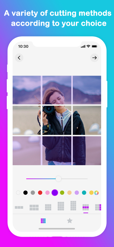 Mobile app interface showing a 3x3 photo grid split for Instagram profile design