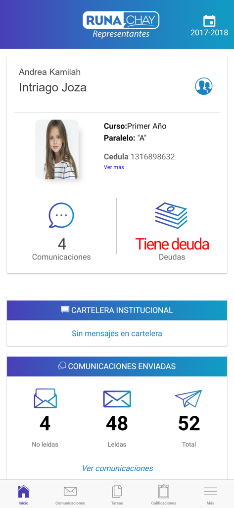 Runachay - Runachay school management app interface displaying a student profile with communication and school fee summaries
