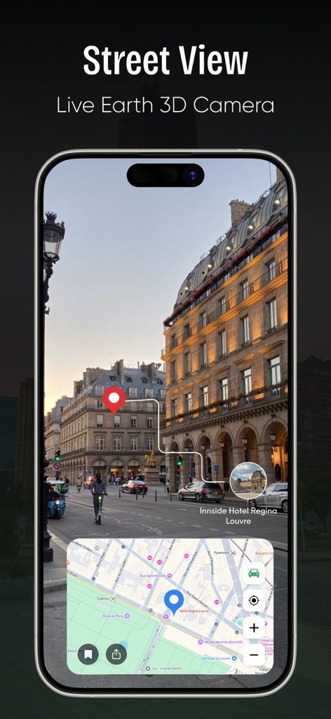 Live Earth Camera Street View - Mobile app interface showing a 360-degree street view of Paris with a 3D map navigation overlay.
