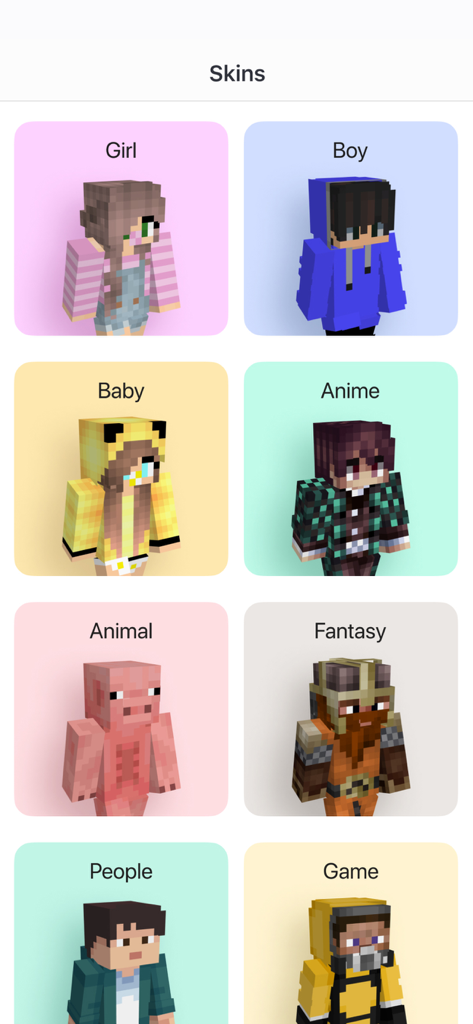 Un menu montrant différentes catégories de skins Minecraft comme Fille Garçon Bébé Anime Animal Fantaisie et Jeu