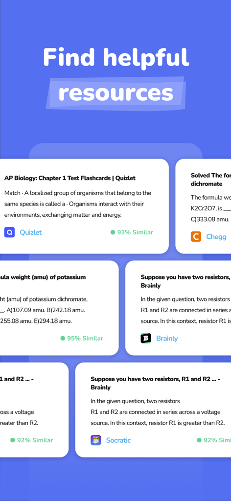 A screen in the Coursology AI app showing a collection of helpful study resources from platforms like Quizlet, Chegg, and Brainly.
