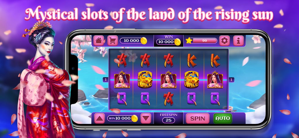 Sakura Slot: Lucky Magic Lady - Sakura Slot Lucky Magic Lady gameplay showing Japanese themed reels and a Geisha character