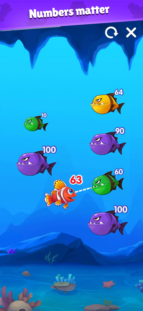 Fish Go.io 2 - Gameplay-Screenshot des Minispiels Fish Go.io 2, der Fische mit numerischen Werten in einer Unterwasserhöhle zeigt.