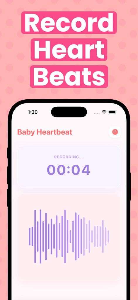 Pregnancy Tracker: LovelyBeats - A mobile app interface displaying a baby heartbeat recording with a timer and waveform visual