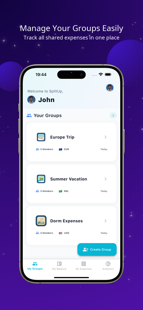 SplitUp – Split & Share Bills - The main dashboard of the SplitUp app displaying shared expense groups for travel and living expenses.